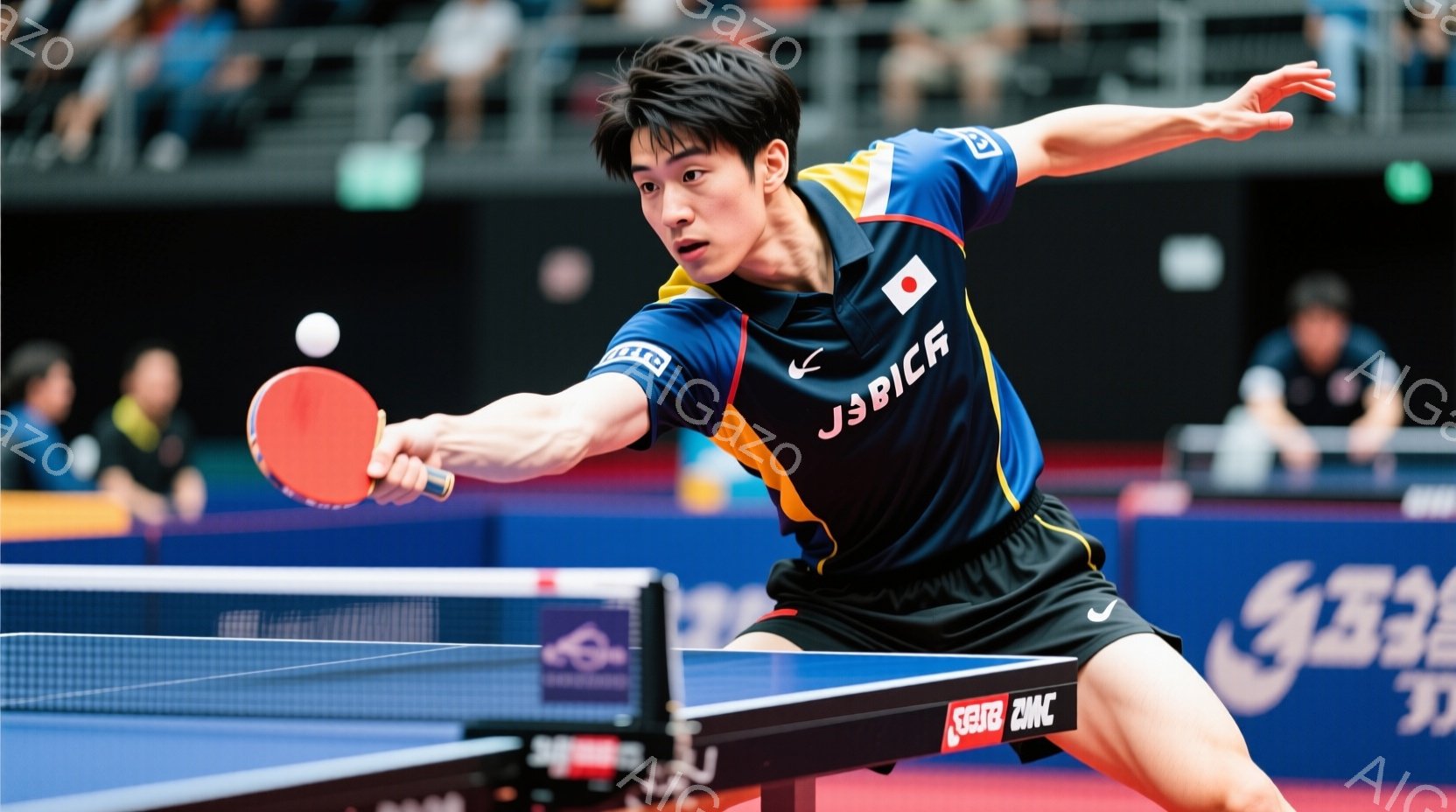 卓球選手が試合中にフォアハンドでボールを打つ瞬間を捉えた写真です。黒いショートパンツと黄色のラインが入った青いユニフォームを着ており、短髪で集中した表情をしています。背景には観客席と卓球台、そしてぼやけた広告が見え、競技場の熱気と臨場感を感じさせます。