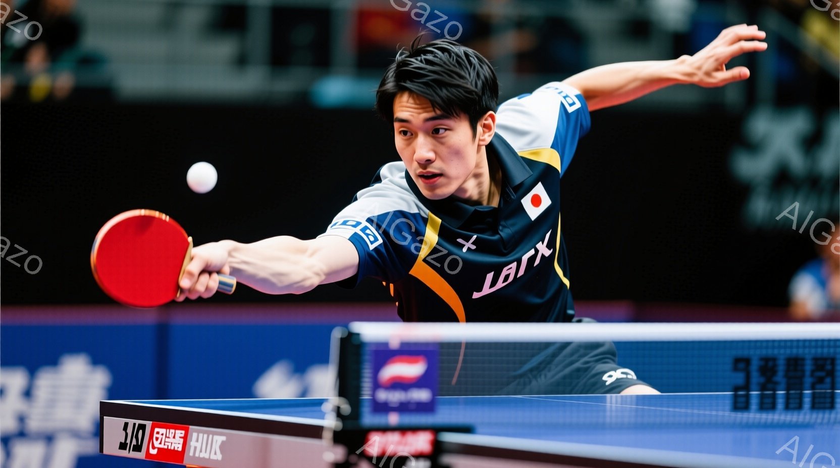 卓球選手が試合中にフォアハンドストロークを打っている瞬間を捉えた写真です。青と黒のユニフォームを着用し、短髪で集中した表情をしています。背景には卓球台と観客席が見え、試合の緊張感が伝わってきます。