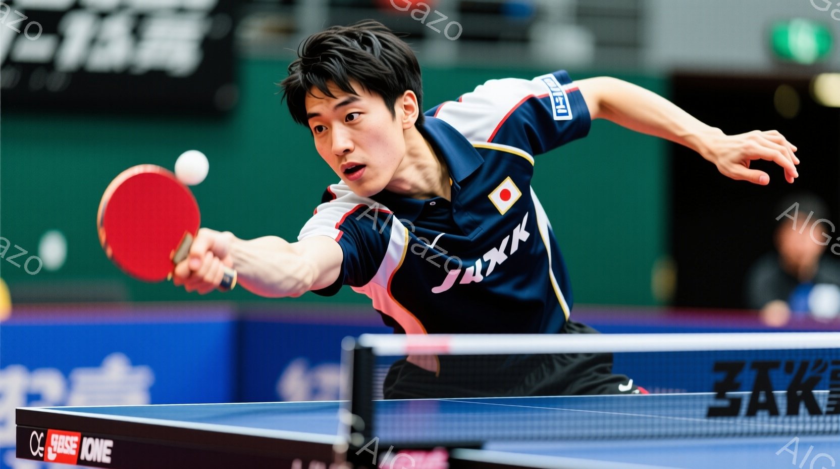 卓球の試合中の男性選手が写っている。青と白のユニフォームを着用し、右手にラケットを持ち、フォアハンドでボールを打とうとしている。背景には卓球台と観客席が見え、集中した雰囲気の試合の様子が伝わってくる。 - AI生成フリー素材