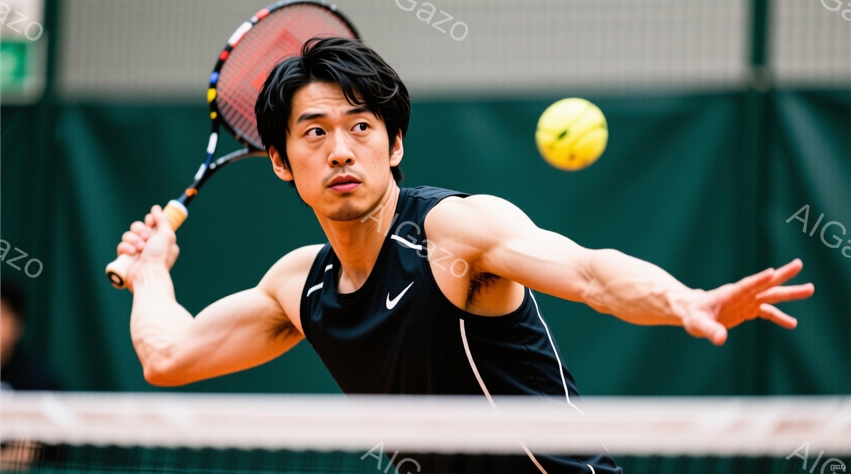 競技中の男性テニス選手が写っている。彼は黒のタンクトップとショーツを着用し、汗ばんだ肌と力強い表情をしている。背景にはネットとぼやけた緑色の壁があり、集中した競技の雰囲気が漂っている。