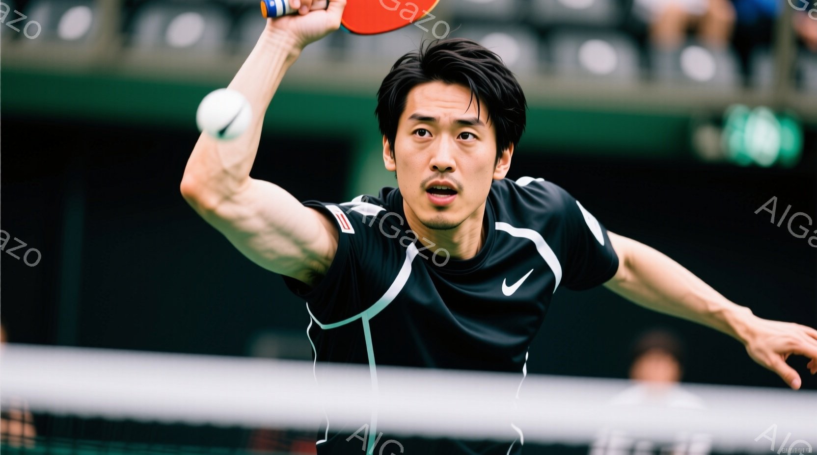 黒い卓球ウェアを着た男性が、ラケットを高く上げて卓球の球を打ち返す瞬間を捉えた写真です。彼の表情は集中しており、髪型は短く整えられています。背景にはネットとぼやけた観客席が見え、競技場の集中した雰囲気が伝わってきます。