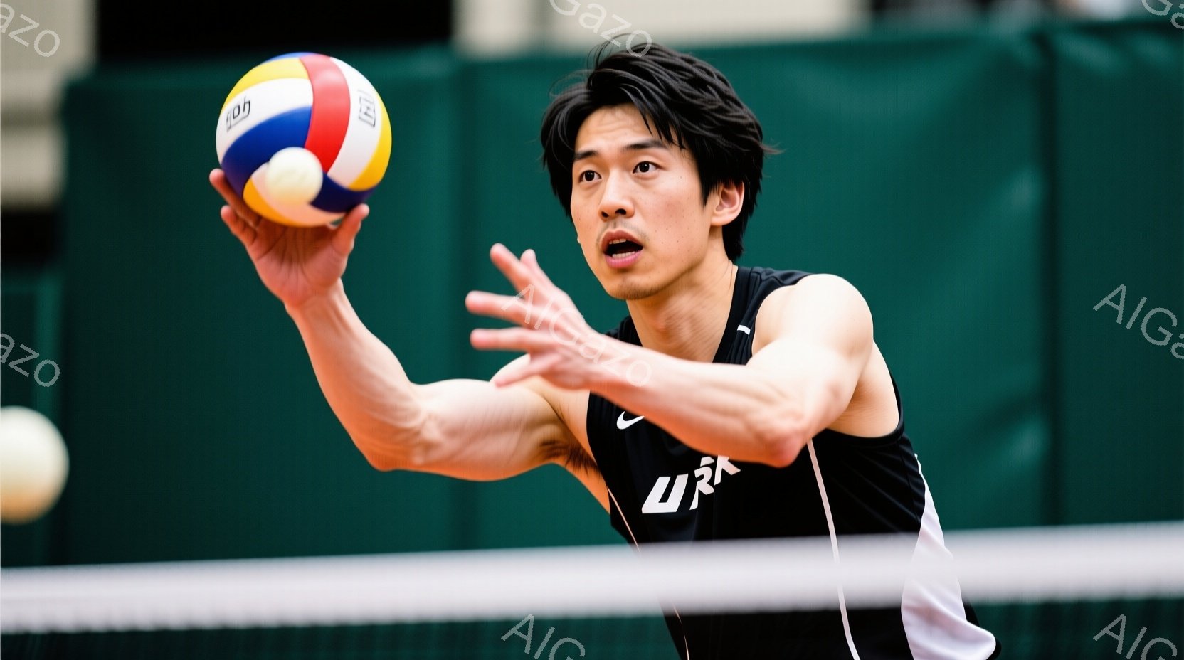 バレーボール選手がジャンプしてボールをサーブしようとしている瞬間を捉えています。黒のタンクトップと黒髪の男性は、集中した表情で右手を高く上げ、ボールを投げようとしています。背景にはバレーボールネットと - AI生成フリー素材