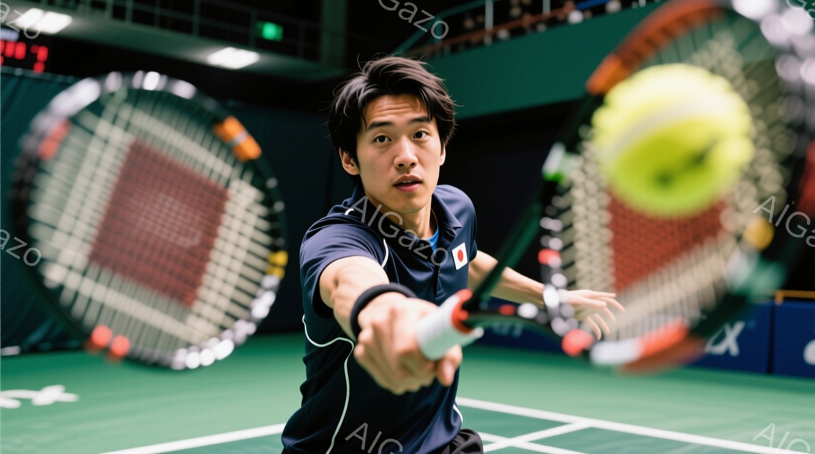 男性のテニス選手がフォアハンドストロークを打つ瞬間を捉えた写真です。紺色のポロシャツに黒いショートパンツを着用し、黒髪を短く整えています。背景にはネットと観客席が見え、屋内テニスコートの試合中の様子がわかります。