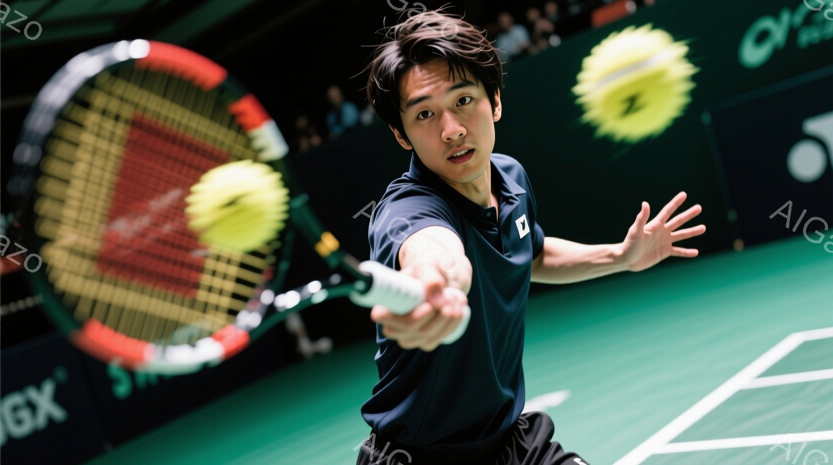 若い男性テニス選手が、テニスラケットを構え、フォアハンドショットの準備をしている様子が写っている。彼は白いポロシャツに紺色のライン、そして白いショートパンツを着用し、黒髪を短く整えている。背景には緑の木々やテニスコートのネットが見え、晴天の下、活気のあるテニス練習風景が伝わってくる。