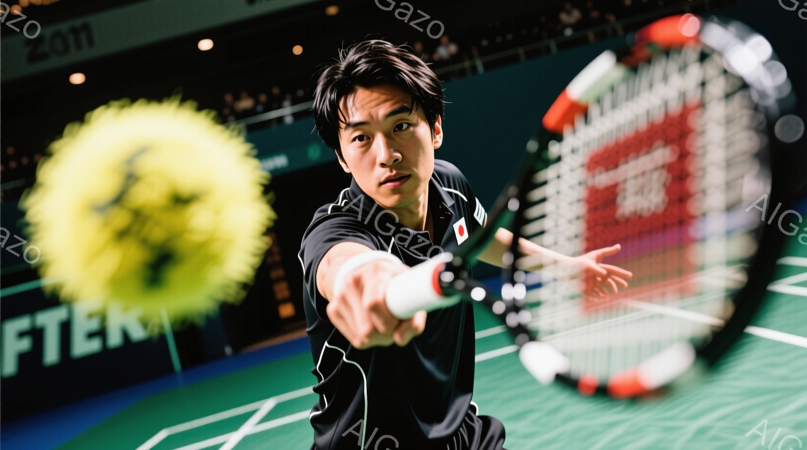 男性のテニス選手がフォアハンドショットを打つ瞬間を捉えた写真です。黒いシャツと紺色の短パンを着用し、集中した表情でボールに向かっています。背景にはぼやけた観客席と、テニススコアを示すデジタルディスプレイが見え、活気のある競技場の雰囲気が伝わってきます。