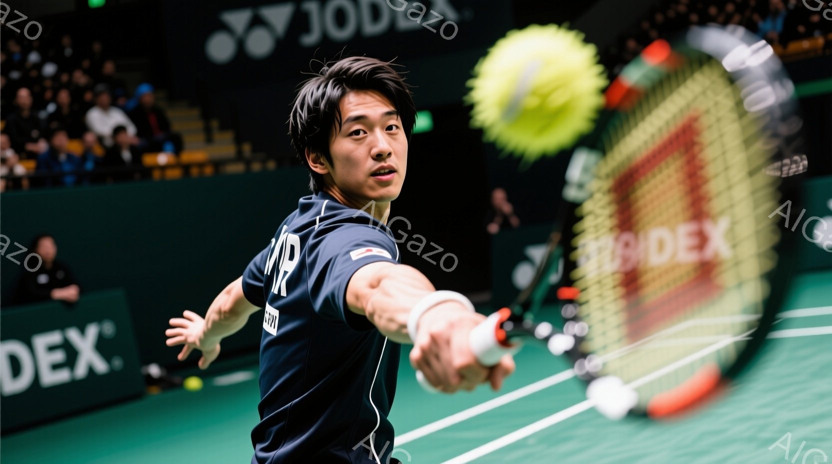 バドミントンをする男性選手が写っている。彼は濃い青色のスポーツウェアを着ており、短髪で集中した表情をしている。背景には観客席と「YONEX」のロゴが見え、室内競技場での試合の様子を捉えている。