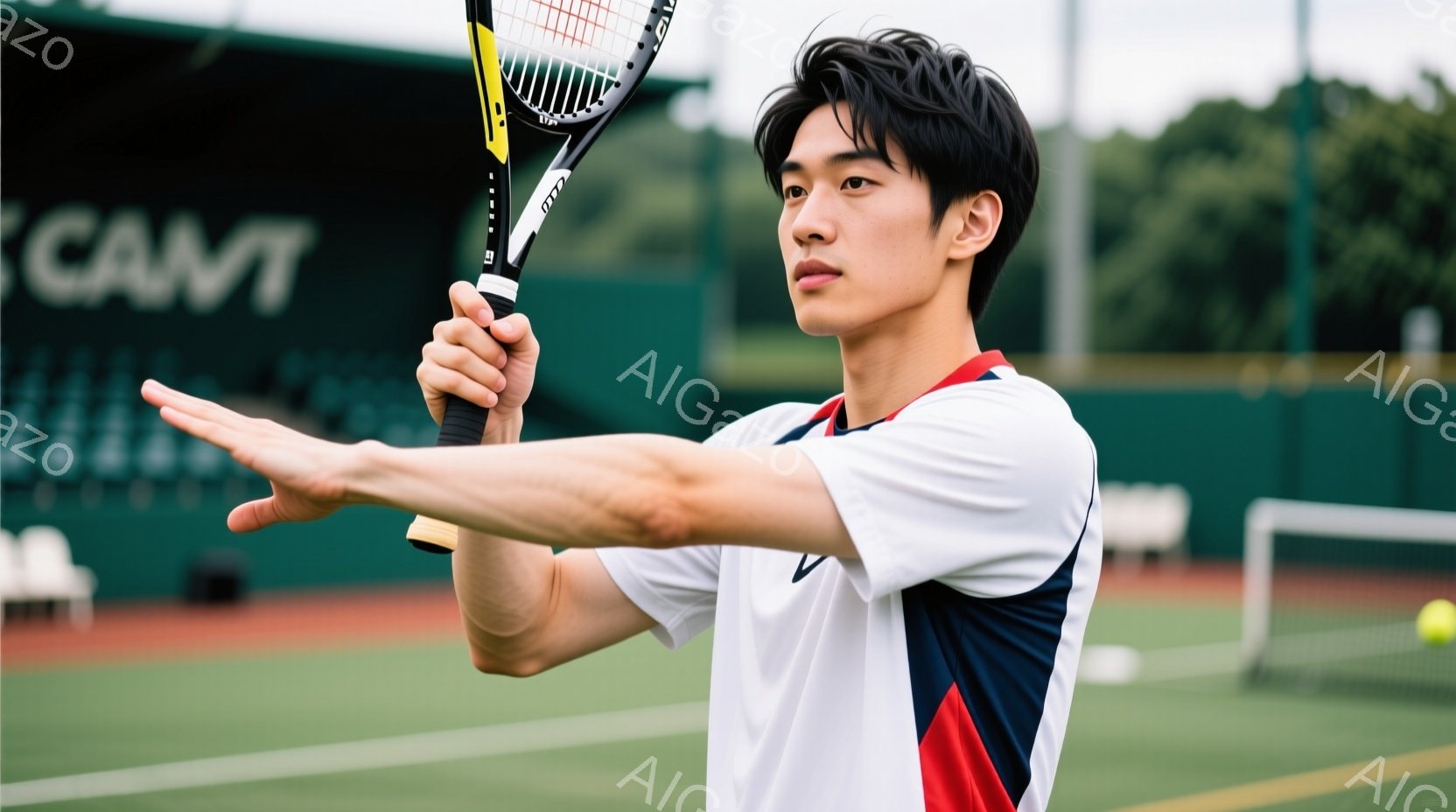 若い男性テニス選手が、フォアハンドストロークの準備をしている姿が写っている。白地に赤と青のラインが入ったポロシャツを着ており、黒髪を短く整えている。背景は緑色のテニスコートで、コートの奥には建物や木々が見え、晴天の屋外である様子がうかがえる。