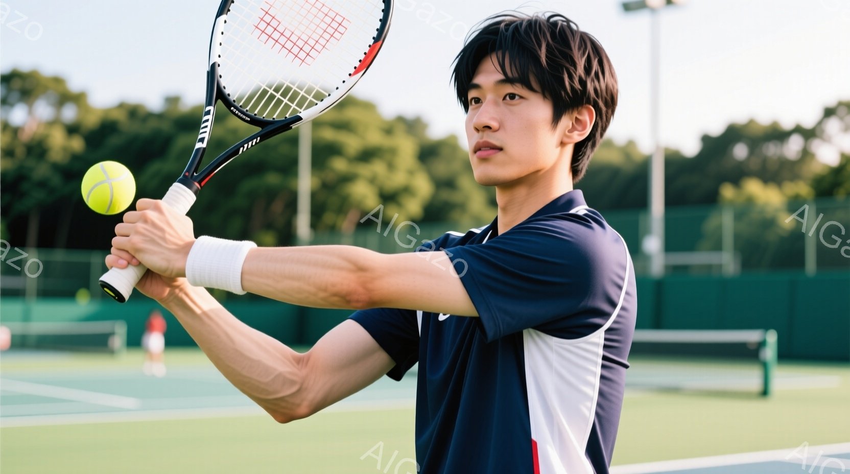 若い男性テニス選手が、フォアハンドストロークの姿勢でテニスボールを打とうとしています。紺色のポロシャツに白のライン、手首にはリストバンドを着用し、黒髪を短く整えています。背景には緑豊かなテニスコートと - AI生成フリー素材