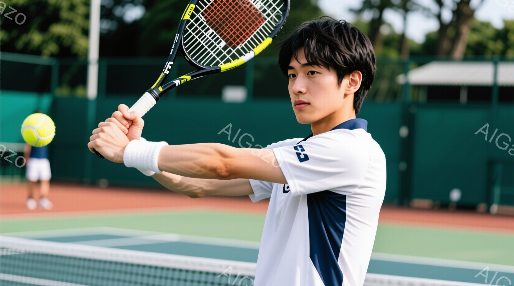 若い男性テニス選手が、テニスラケットを振りかぶり、フォアハンドストロークの準備をしている様子が写っている。白いシャツに濃い青色のアクセントが入っており、黒いヘアスタイルで、真剣な表情をしている。背景には緑の木々やテニスコートのネットが見え、晴天の屋外で運動している様子が伺える。