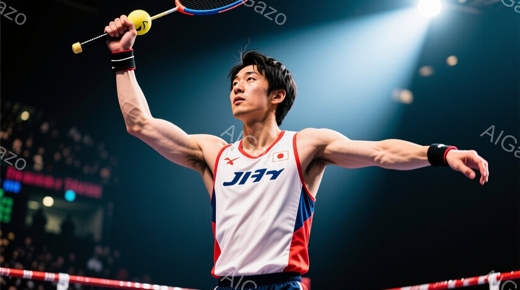 バドミントンの試合中に、日本の選手が勝利のポーズをとっています。白を基調としたユニフォームには赤いラインと日本の国旗のマークが入り、髪は短く整えられています。背景は暗く、観客席や照明がぼやけており、選手にスポットライトが当たっている様子から、高揚感と勝利の瞬間を捉えた写真であることがわかります。