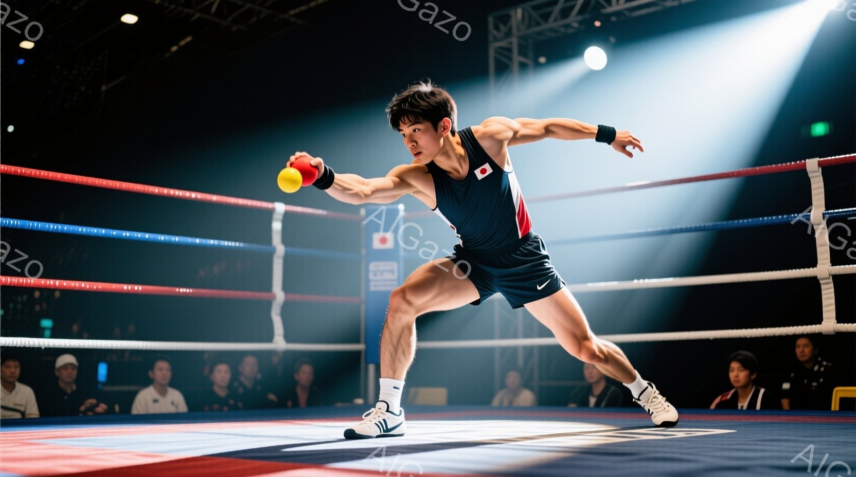 競技者はリング中央で、片手を高く挙げ、ボクシングの構えを取っています。黒髪で、赤い縁取りのある黒いタンクトップと黒いショーツ、白いスニーカーを着用し、力強い表情で競技に集中しています。リングの背景には観客席が見え、リング自体は青と赤のロープで囲まれており、競技場の緊張感と集中力を強調しています。