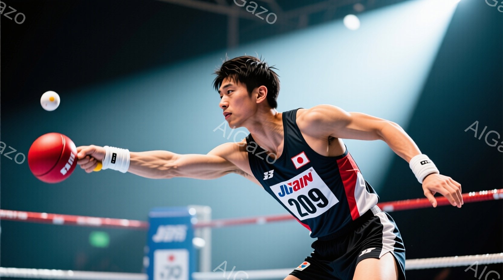 卓球の試合中の男性選手を捉えています。彼は黒と赤のユニフォームに「209」という番号が書かれ、ヘッドバンドとリストバンドを着用し、力強く右手を伸ばしてボールを打とうとしています。背景には試合会場の壁と、ぼやけた観客席が見え、緊張感のある競技の雰囲気が伝わってきます。