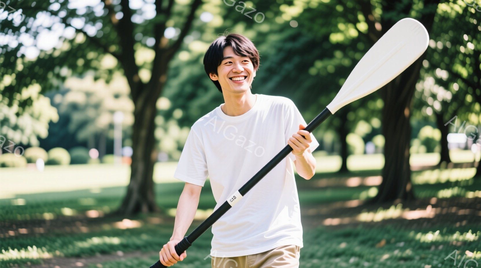 白いTシャツを着た若い男性が、カヌーのパドルを肩に担いで笑顔でこちらを見ている。背景には緑豊かな木々や芝生が広がり、晴天の下、爽やかな公園の風景が広がっている。男性の表情は明るく、リラックスした雰囲気 - AI生成フリー素材