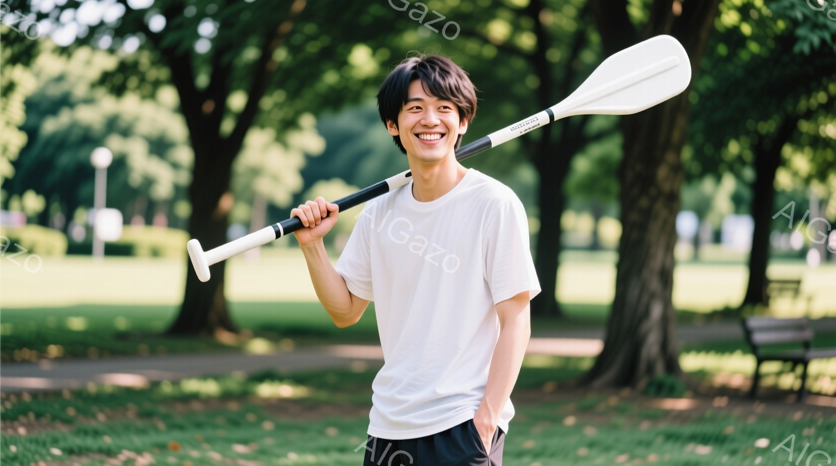 若い男性が公園で笑顔で立っている。彼は白いTシャツと黒いショートパンツを着用し、片手にボートのオールを持っている。背景には緑豊かな木々と芝生、遠くには建物が見え、晴れた日の穏やかな雰囲気が漂っている。