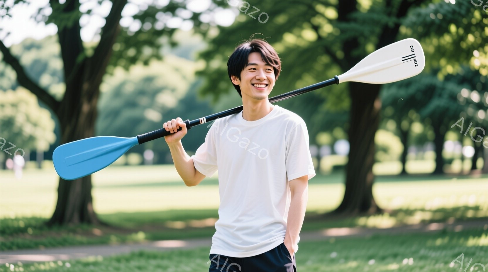 白いTシャツと黒いショーツを着た若い男性が、カヌーのパドルを肩に担いで微笑んでいます。彼は少し斜めに立ち、リラックスした表情で、背景には緑豊かな公園と木々が見えます。晴れた日の穏やかな雰囲気で、自然の中でリフレッシュしている様子が伝わってきます。