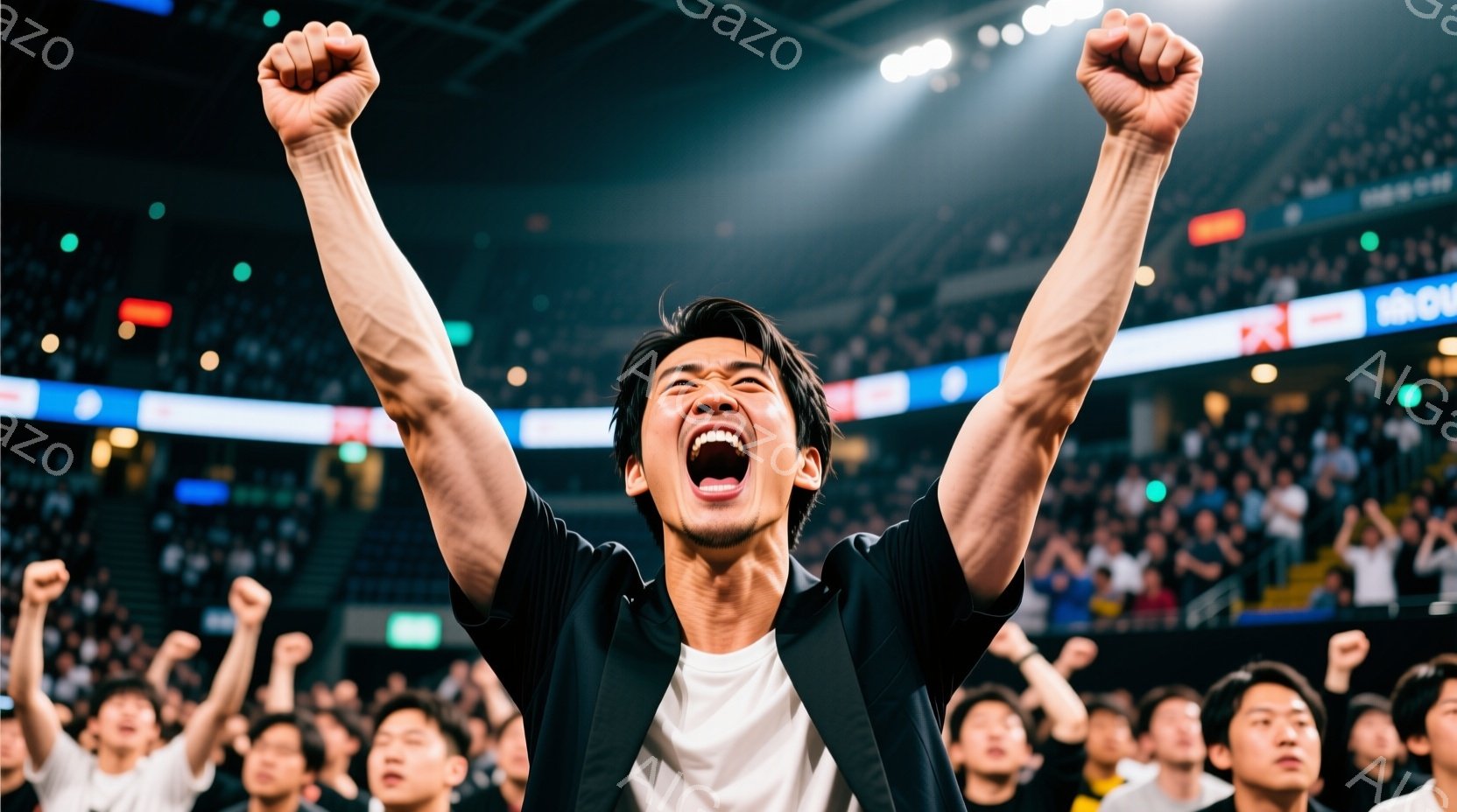 男は白いTシャツと黒いジャケットを着ており、両腕を高々と上げて歓声を上げている。彼の髪は短く、表情は勝利の喜びで満ちている。背景には、多くの観客が座っており、会場全体が興奮と熱気に包まれている様子がうかがえる。