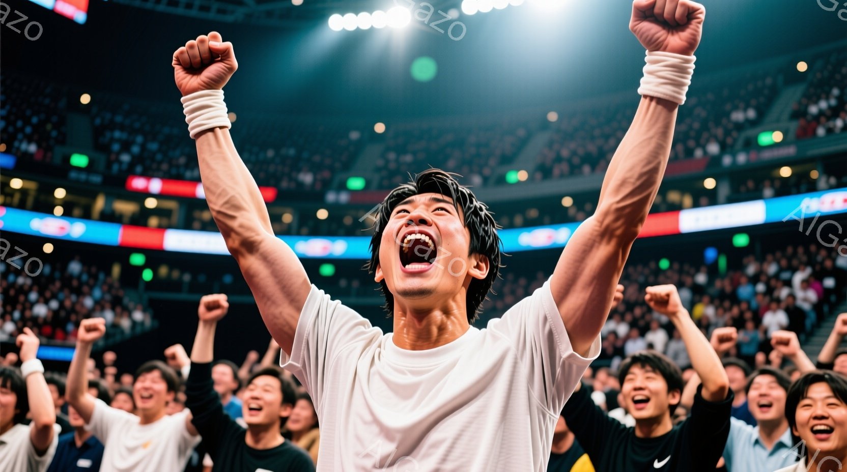 白いTシャツを着た若い男性が、両腕を高々と上げ、歓喜の表情を浮かべている。彼の背景には、同じように歓声を上げ、腕を振り上げる大勢の観客がおり、スポーツアリーナのような会場で、熱狂的な雰囲気が漂っている - AI生成フリー素材