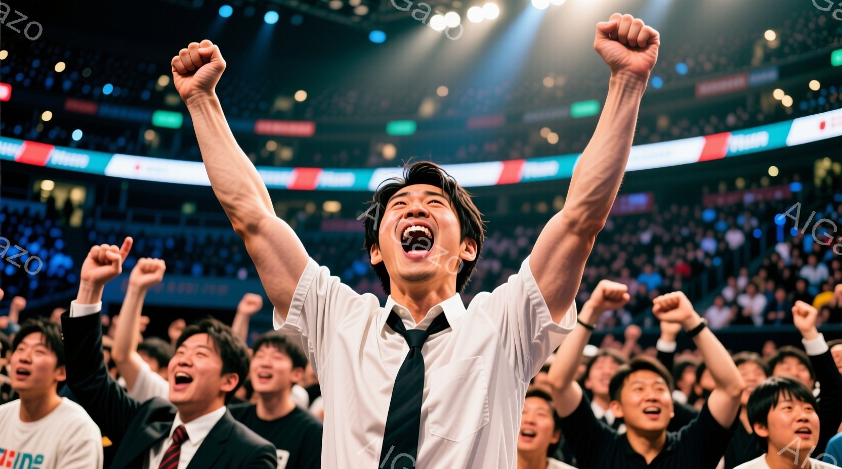 白シャツに黒ネクタイを締めた若い男性が、両腕を高々と上げて歓喜している様子が写っている。彼は興奮した表情で口を開け、背景には多数の観客が同じように腕を上げて熱狂しており、会場全体が熱気に包まれている。 - AI生成フリー素材