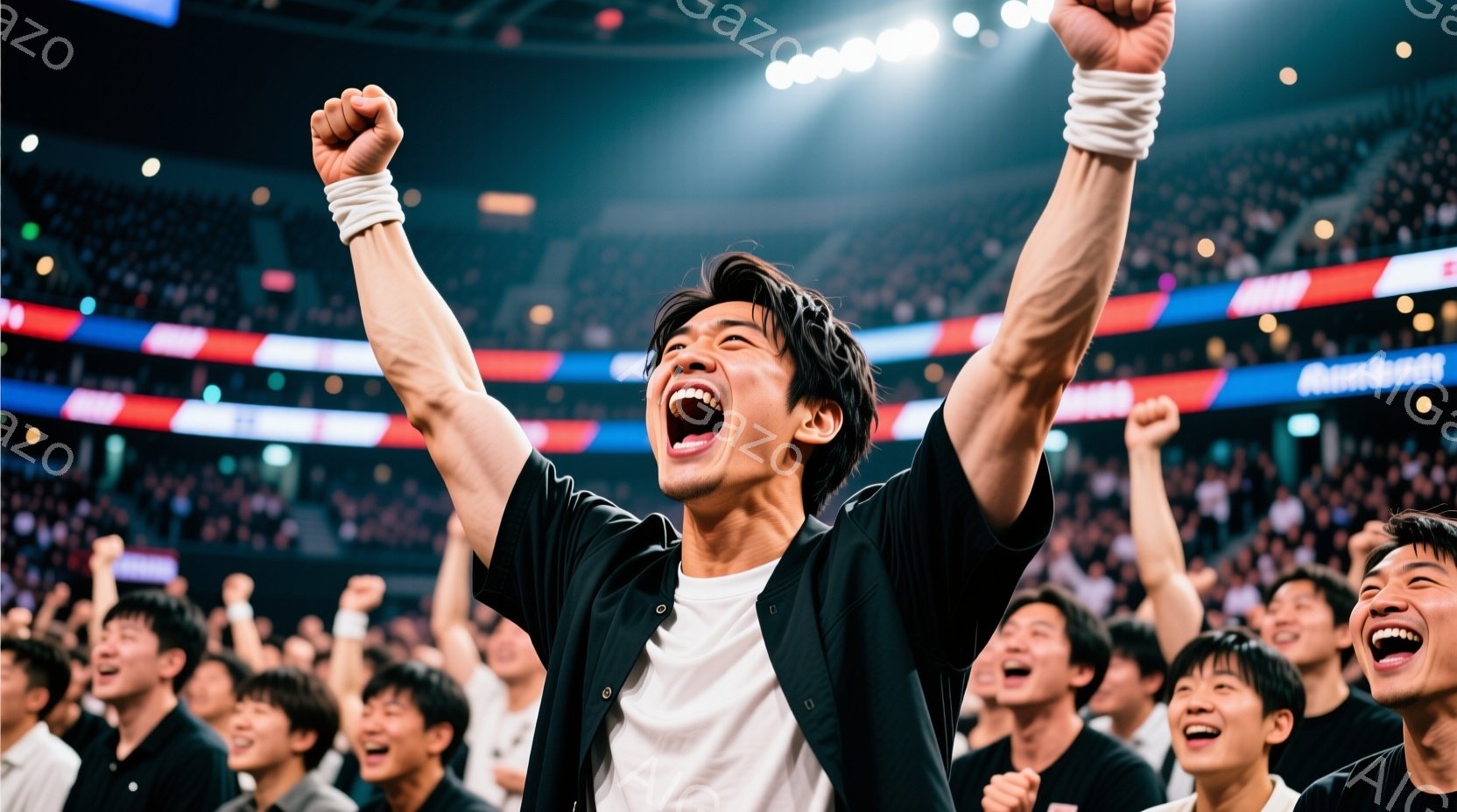 観客席で一人の若い男性が両腕を高く上げ、歓喜に満ちた表情で叫んでいる。彼は白いTシャツに黒いカーディガンを着ており、短髪で、顔には興奮と喜びが溢れている。背景には多くの観客がおり、同様に腕を上げており - AI生成フリー素材