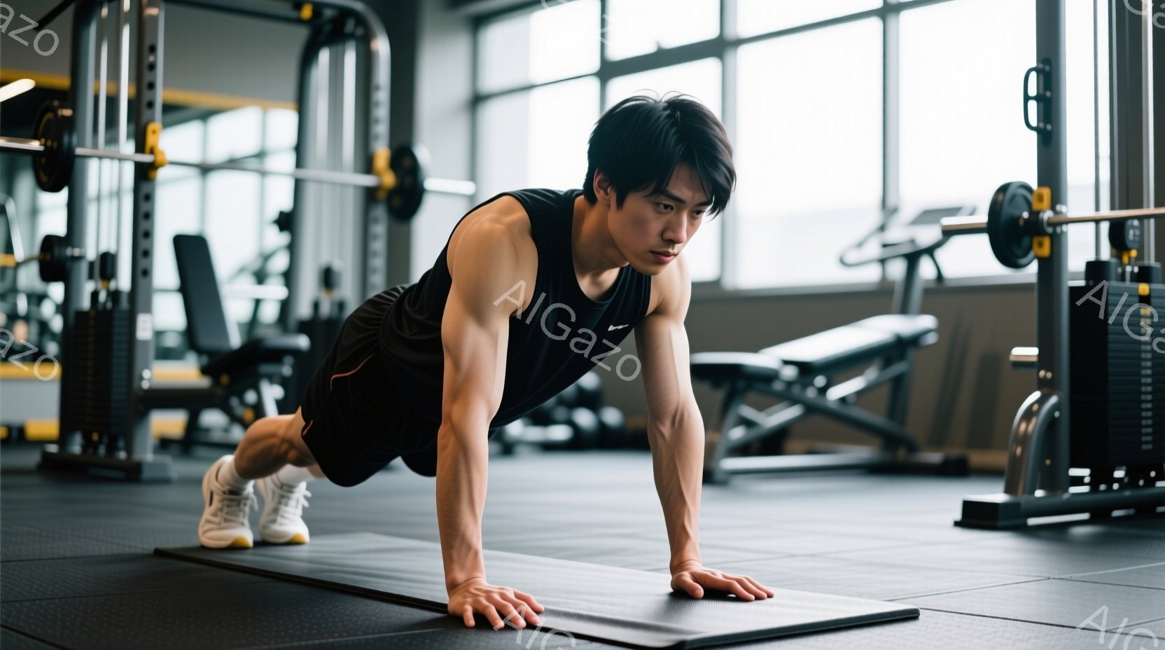 筋トレ中の男性が、黒いエクササイズマットの上で腕立て伏せをしている様子が写っている。彼は黒のタンクトップとショートパンツを着用し、白のスニーカーを履いている。背景にはジムの器具が並び、明るい室内で集中 - AI生成フリー素材