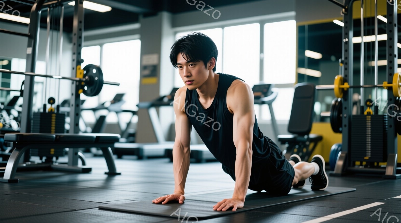 黒いタンクトップとショートパンツ姿の男性が、ジムのフロアでプッシュアップの姿勢をとっています。彼は引き締まった体つきで、やや真剣な表情を浮かべています。背景にはトレーニングマシンや鏡があり、明るく整頓 - AI生成フリー素材