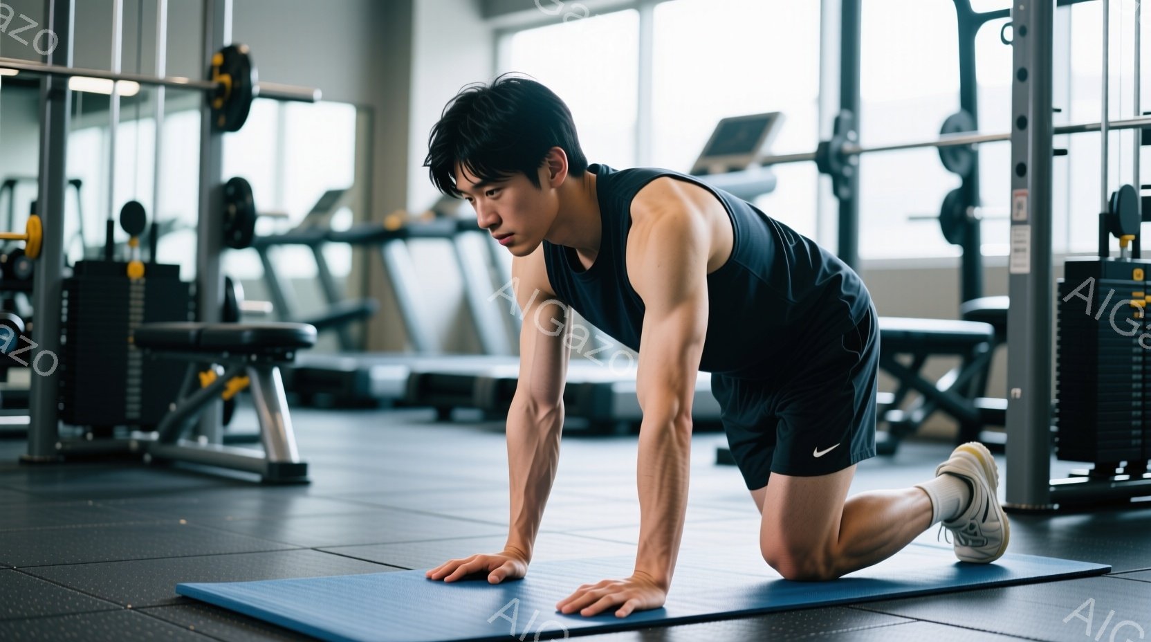 ジムでエクササイズをする男性が写っています。黒のタンクトップと黒のショートパンツ、白いソックスとスニーカーを着用し、マットの上で四つん這いの姿勢をとっています。背景には、トレーニングマシンやランニングマシンが並び、明るく清潔感のあるジムの雰囲気が漂っています。