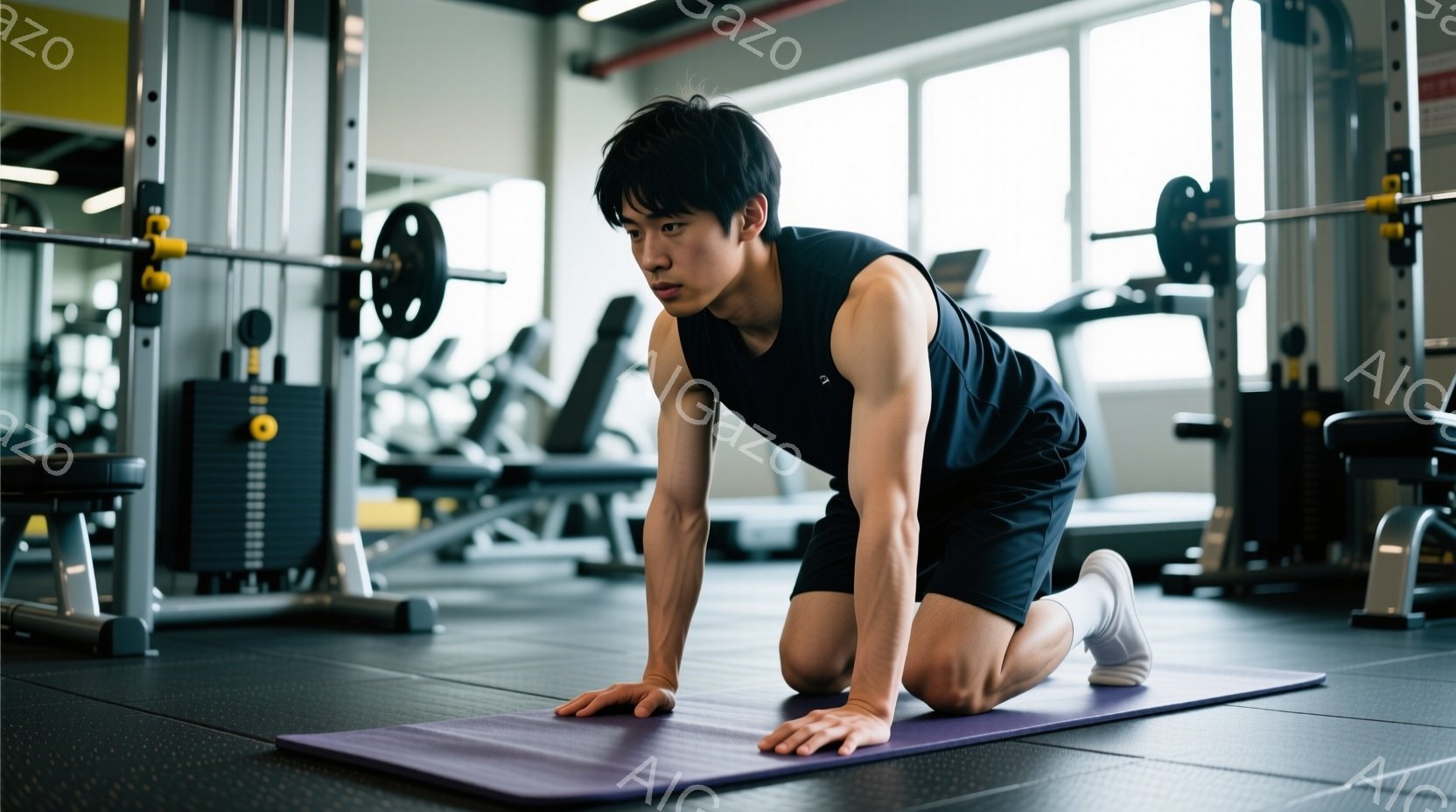筋トレジムで、黒いタンクトップと黒いショーツを着用した若い男性が、紫色のヨガマットの上で四つん這いになり、準備運動をしている様子が写っている。彼は前方に視線を向け、集中した表情で、引き締まった体格をしている。背景には、ウェイトトレーニング機器やジムの設備が見え、活気のあるトレーニングの雰囲気が感じられる。
