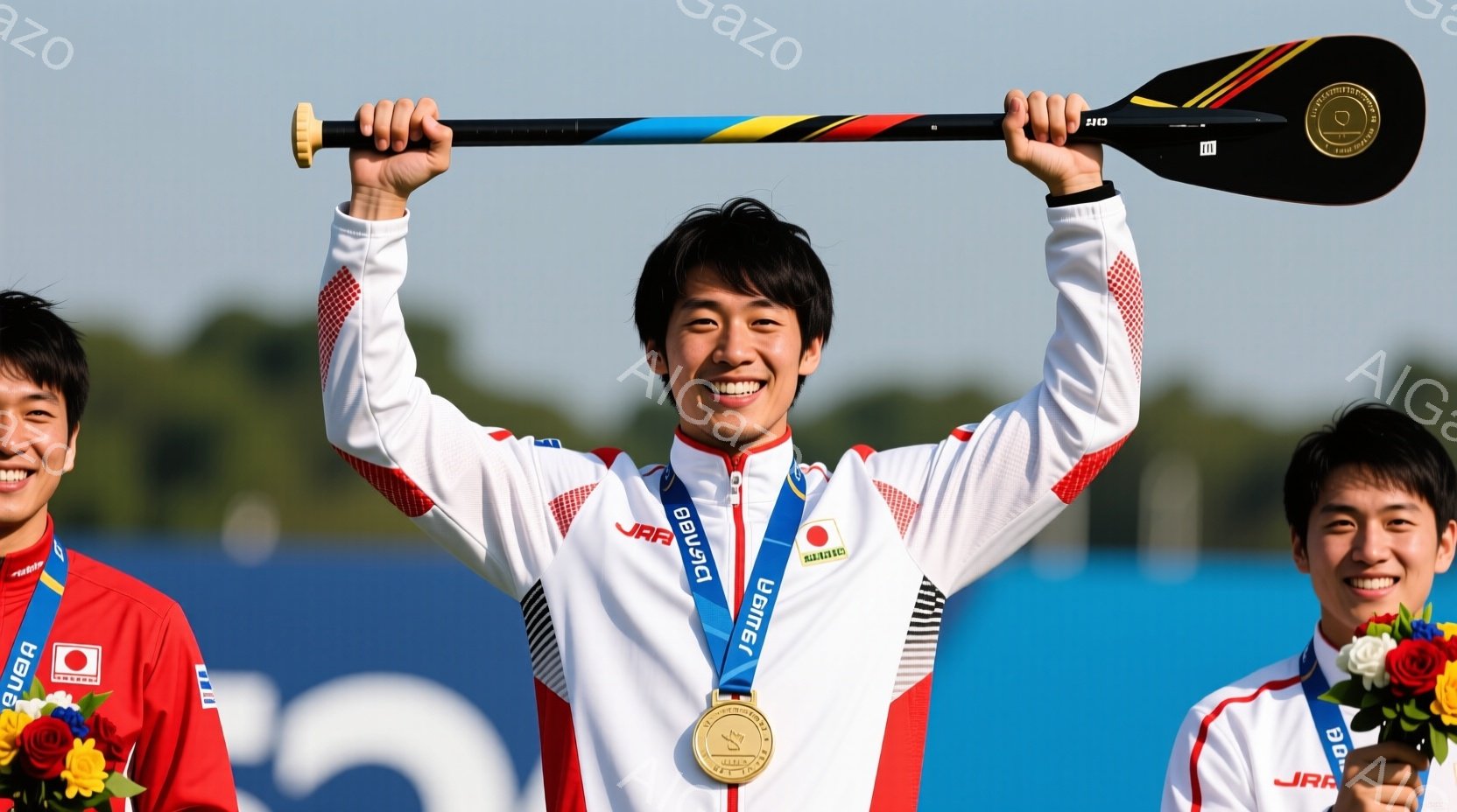カヌースプリント競技の表彰台で、日本の選手が金メダルを掲げ、満面の笑みを浮かべている。白のトレーニングウェアに、日本の国旗と「JAPAN」のロゴが入っており、首には金メダルが輝いている。背景には穏やかな水面と緑豊かな自然が広がり、晴天の下、喜びと達成感に満ちた雰囲気が伝わってくる。