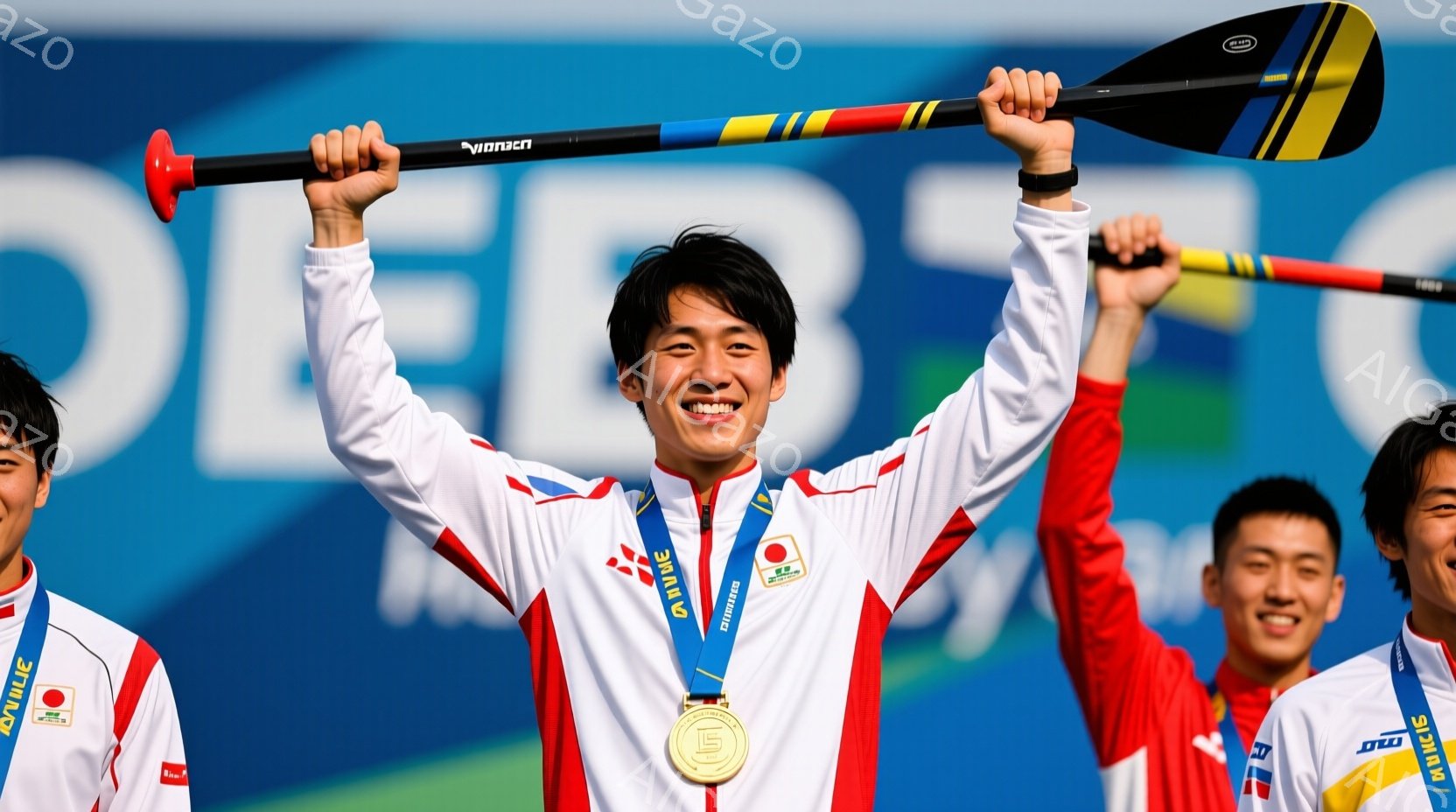 カヌースラロームの選手が表彰台で両手を高く上げ、金メダルを誇らしげに見せている。彼は白いカヌーのユニフォームに赤いアクセントがあり、黒い髪を短く整え、満面の笑みを浮かべている。背景には青い空と緑の芝生、そして他の選手たちが写っており、勝利の喜びと高揚感に満ちた雰囲気である。