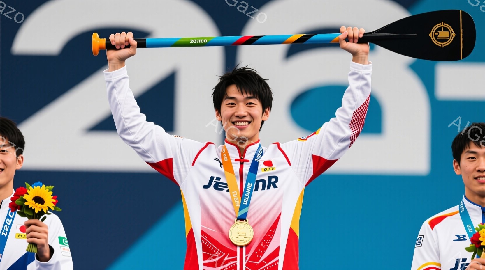 表彰台の中央に立つ若い男性競技者は、金色のメダルを首から下げ、両手を高く上げて歓喜しています。彼は赤と白を基調とした日本代表のユニフォームを着ており、短髪で笑顔を見せています。背景には大きな数字の「2 - AI生成フリー素材