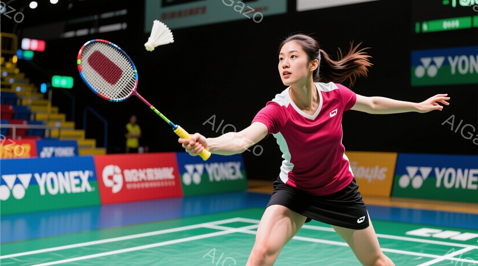 バドミントンをする女性アスリートが写っています。彼女はピンク色のシャツと黒いショートパンツを着ており、髪は高い位置でポニーテールに結ばれています。彼女はスマッシュを打つような姿勢で、ラケットを振りかぶ - AI生成フリー素材