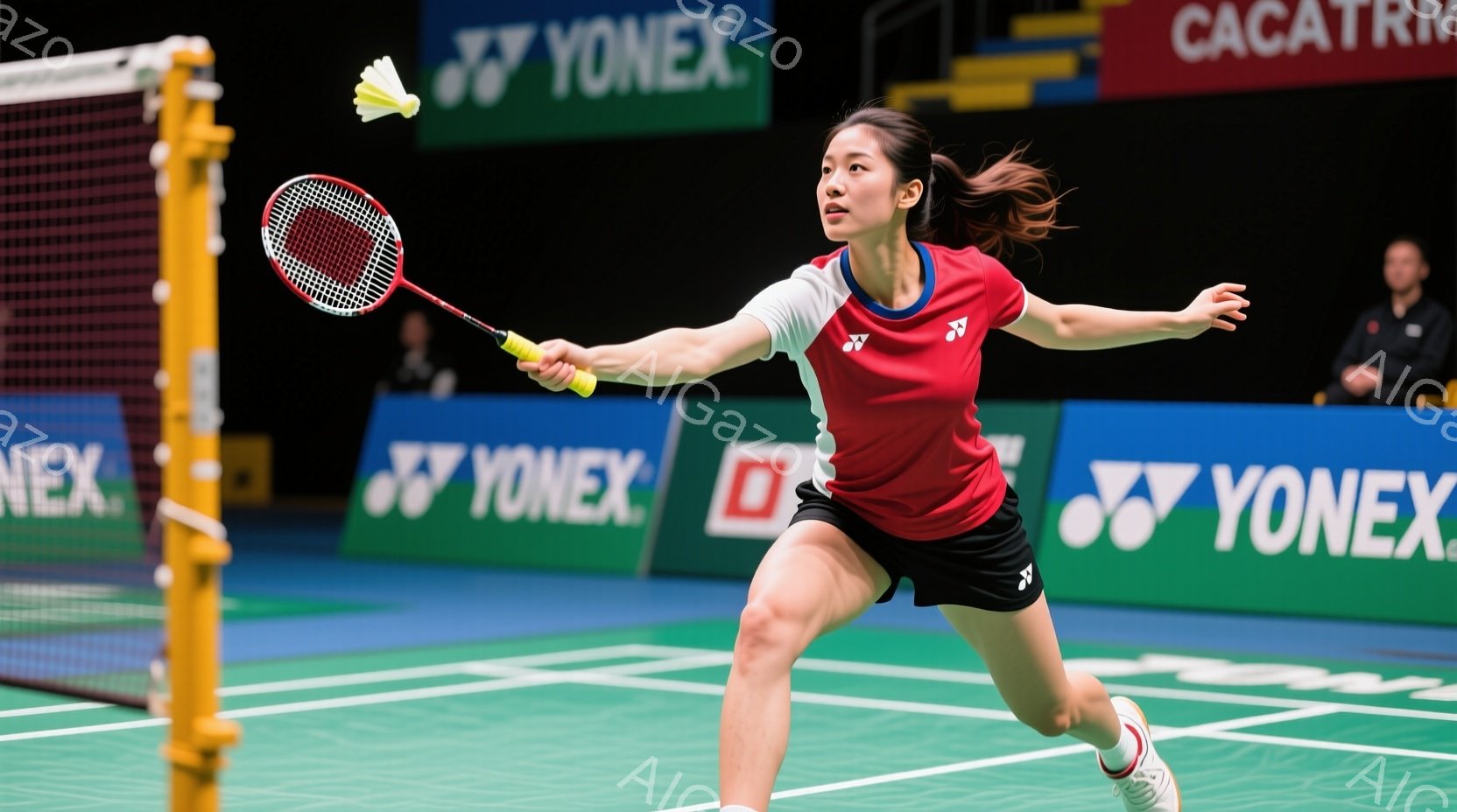 バドミントンをする女性アスリートが写っている。彼女は黒と赤のスポーツウェアを着ており、髪はポニーテールに結われている。彼女はラケットを振りかぶり、力強くシャトルコックを打ち込もうとする姿勢で、集中した表情をしている。