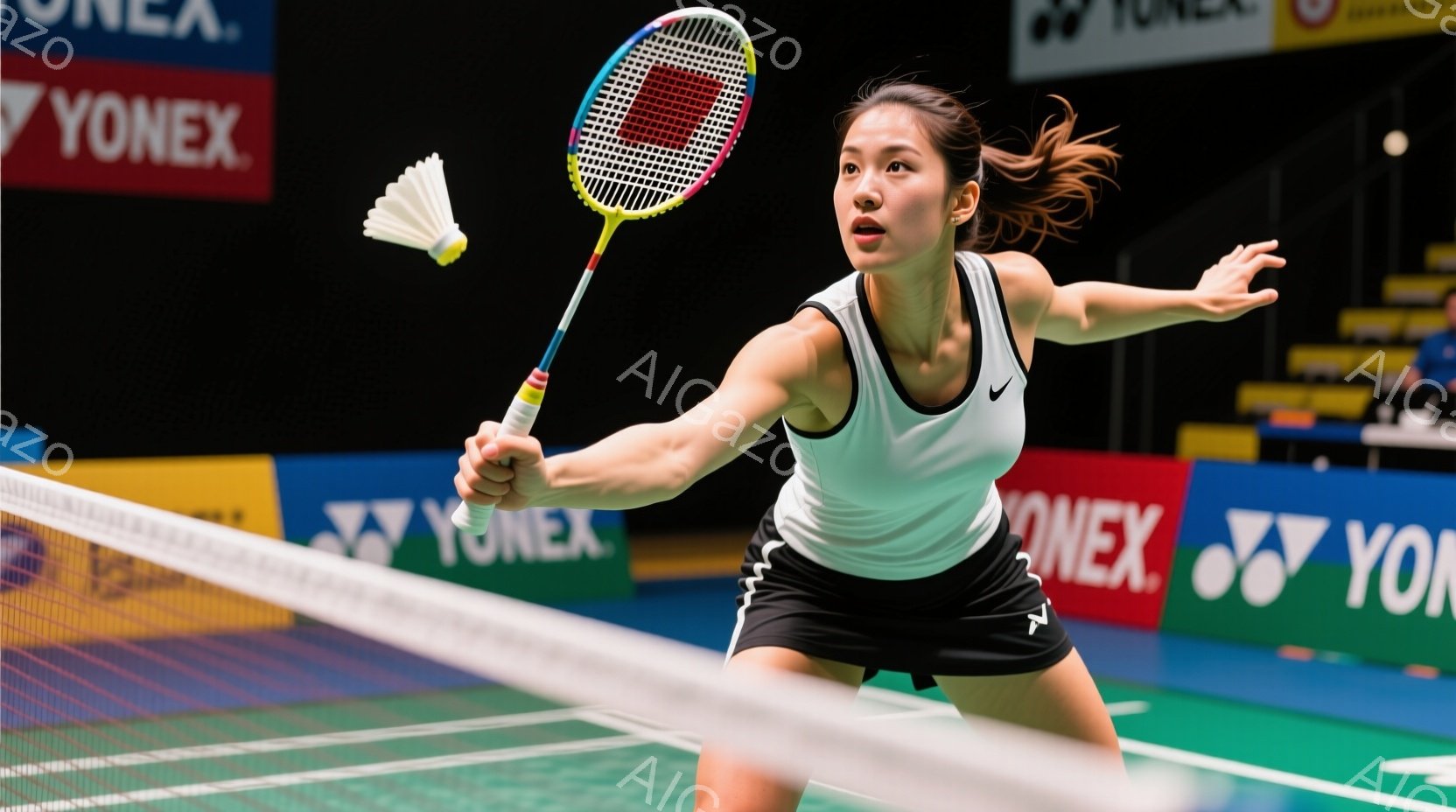 バドミントンをする女性アスリートが写っている。彼女は白いシャツと黒いショートパンツを着用し、髪をポニーテールにしている。彼女はフォアハンドショットを打ち、集中した表情をしている。