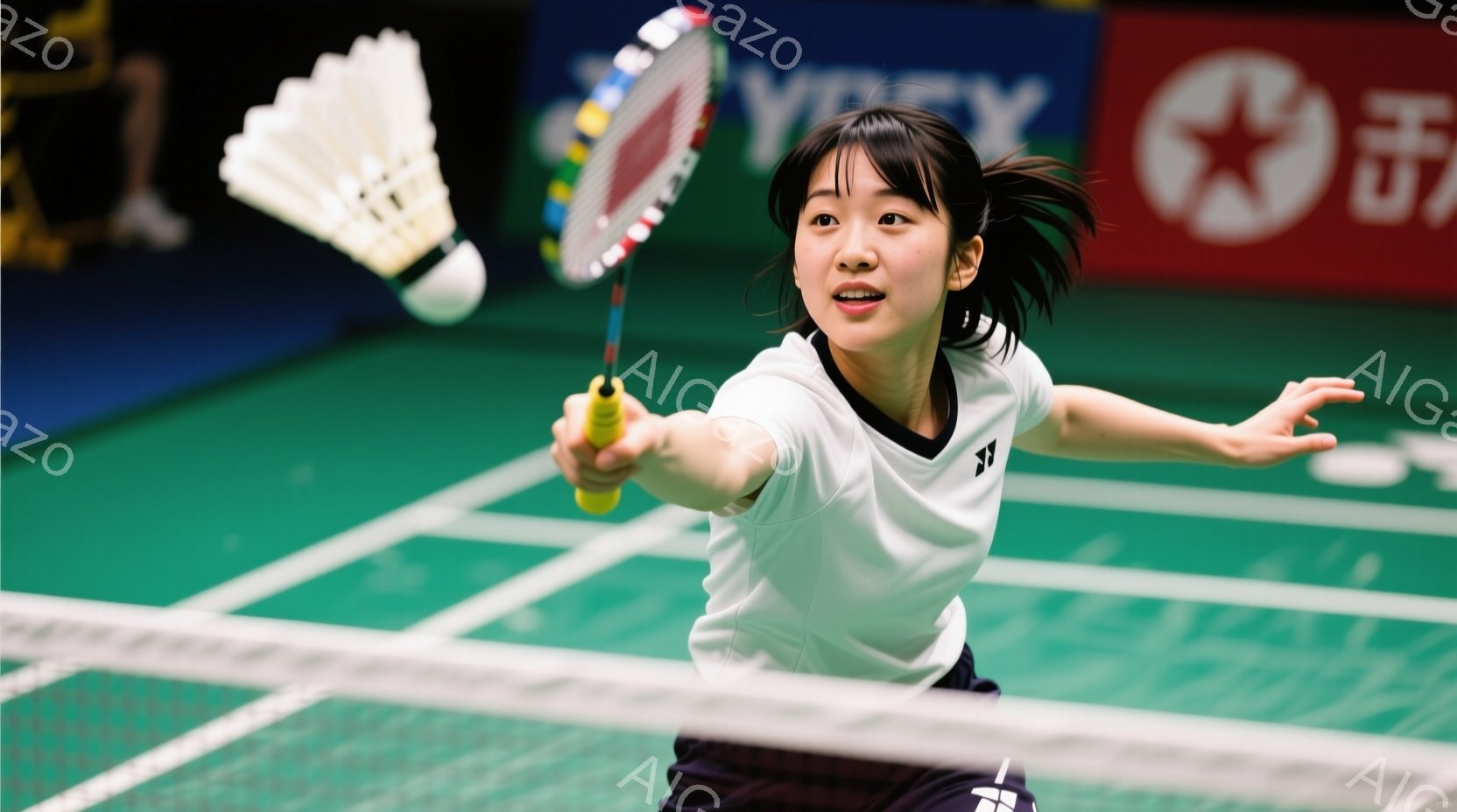 バドミントンコートで、白のシャツと黒のショートパンツを着用した若い女性が、オーバーヘッドスマッシュの動作をしています。彼女は髪をポニーテールにし、集中した表情でラケットを振りかぶっています。背景にはバドミントンコートのラインと、ぼやけた広告や観客席が見え、競技の活気ある雰囲気が伝わってきます。
