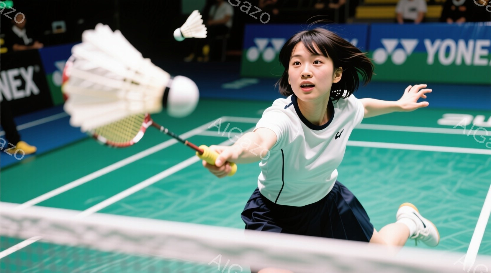 バドミントンコートでプレーする女性選手が写っています。白のシャツと紺色のスカートを身につけ、髪は後ろで一つにまとめられています。彼女はラケットを構え、シャトルコックを打とうとする姿勢で、集中した表情を - AI生成フリー素材