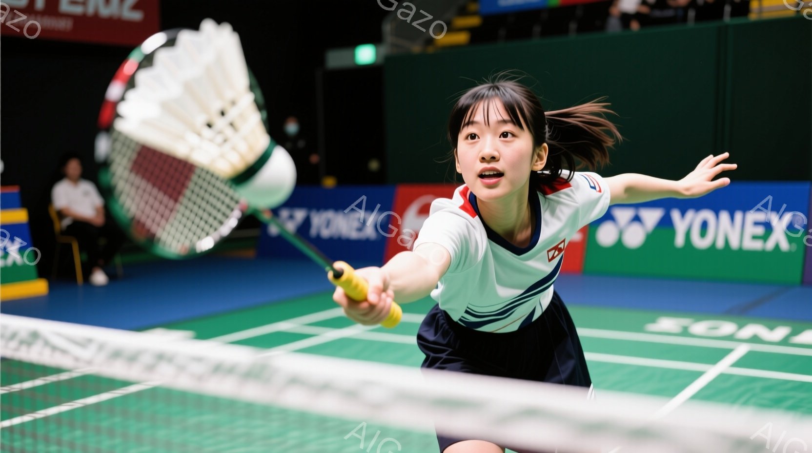 バドミントンコートで、白と紺のユニフォームを着た若い女性選手が、力強くスマッシュを打とうとしている瞬間を捉えた写真です。彼女は長い髪を後ろでまとめており、集中した表情でネットに向かってラケットを振りか - AI生成フリー素材