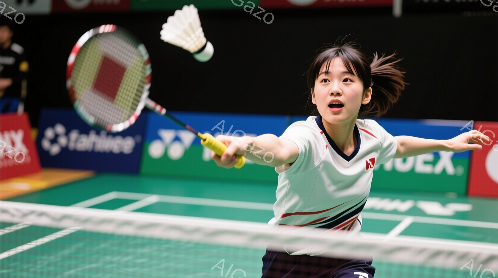 バドミントン選手が試合中にフォアハンドショットを打っている瞬間を捉えた写真です。白いシャツに赤いラインが入ったバドミントンウェアを着用し、髪はポニーテールにしています。集中した表情で、ラケットを大きく振りかぶり、シャトルコックを打ち返す姿が印象的です。