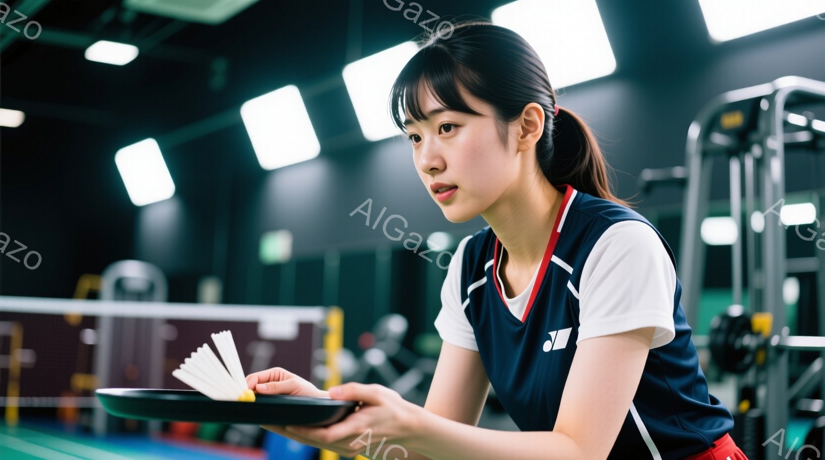 バドミントンのコートに立つ女性は、白いタンクトップに紺色のバドミントンウェアを着ています。彼女は髪をポニーテールにし、少し横を向いて何かを見つめています。背景にはバドミントンのネットとコート、そして天井の照明が写っており、プロのスポーツ施設であることを示唆しています。