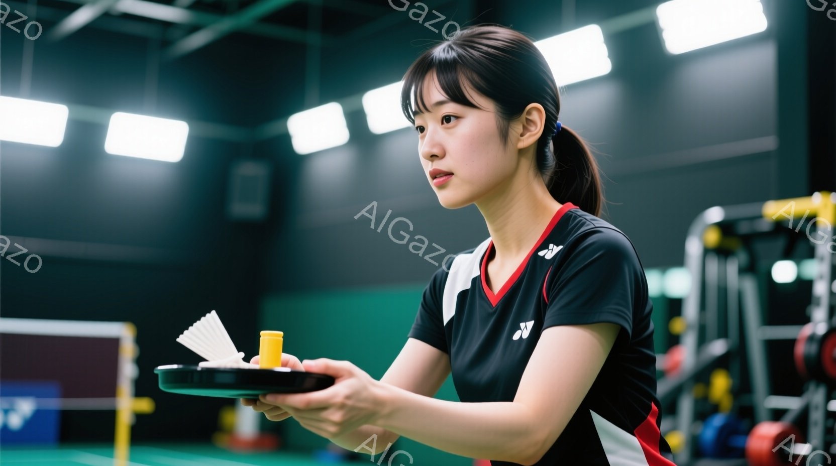 バドミントンのコートにいる女性が写っています。黒いバドミントンウェアに白いストライプが入っており、髪はポニーテールに結ばれています。彼女はシャトルコックが入ったトレイを手に持ち、何かに集中しているよう - AI生成フリー素材