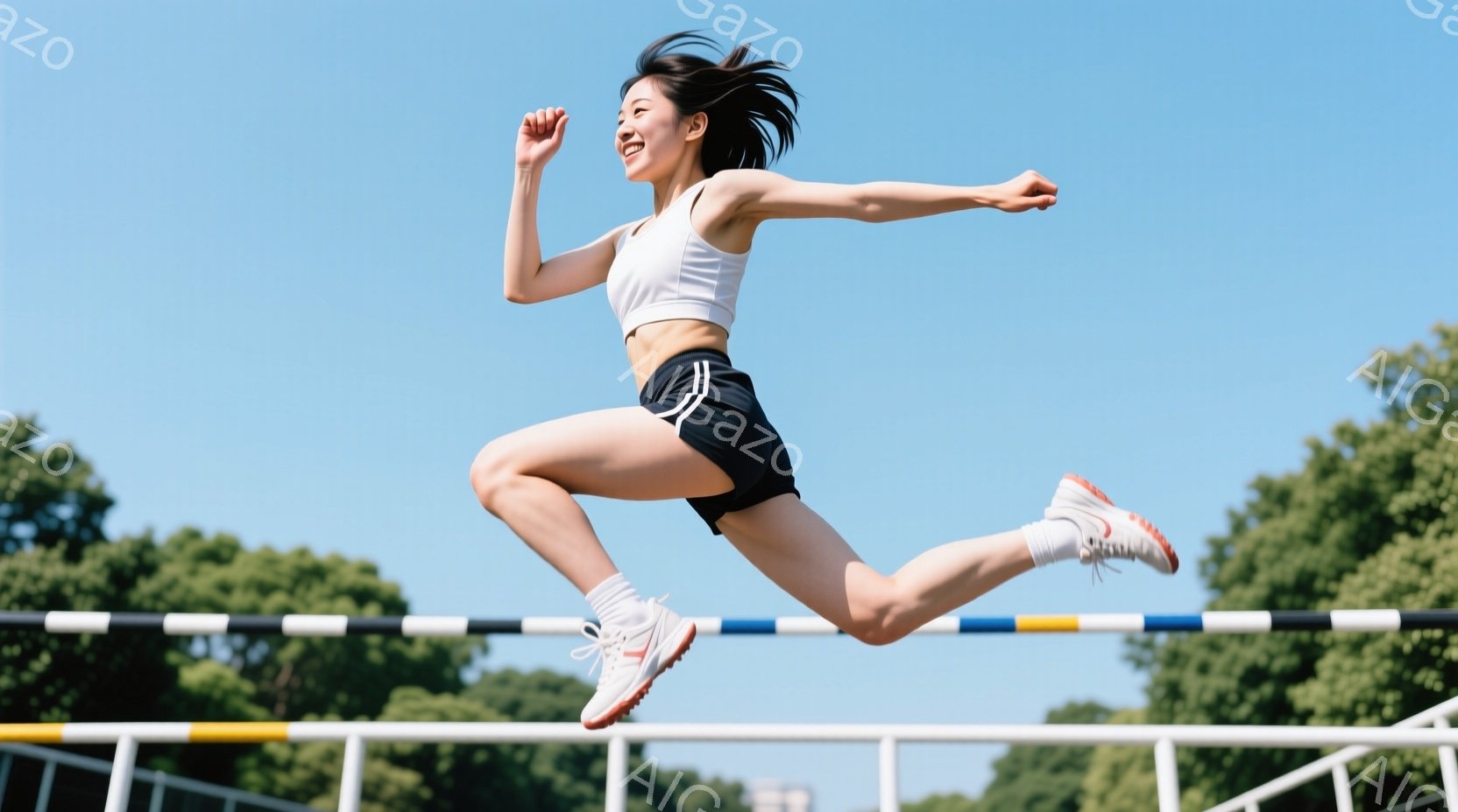 女性は陸上競技場で高くジャンプしており、高く掲げられたバーを飛び越えようとしています。彼女は白いスポーツブラと黒いショートパンツ、白いハイソックスとスニーカーを着用しており、髪はポニーテールに結ばれて - AI生成フリー素材