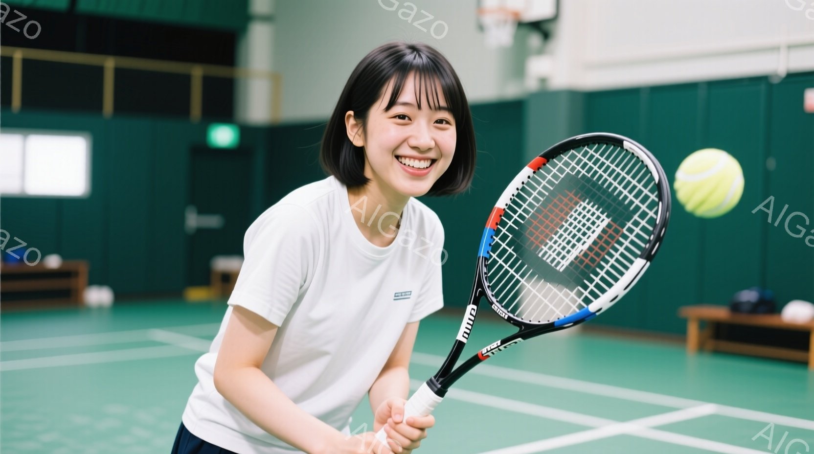 若い女性がテニスラケットを握り、満面の笑みを浮かべている。白いTシャツに、ダークブラウンのショートヘア、そして活き活きとした表情が印象的だ。背景は緑色のテニスコートで、奥には観客席や壁が見え、屋内施設 - AI生成フリー素材