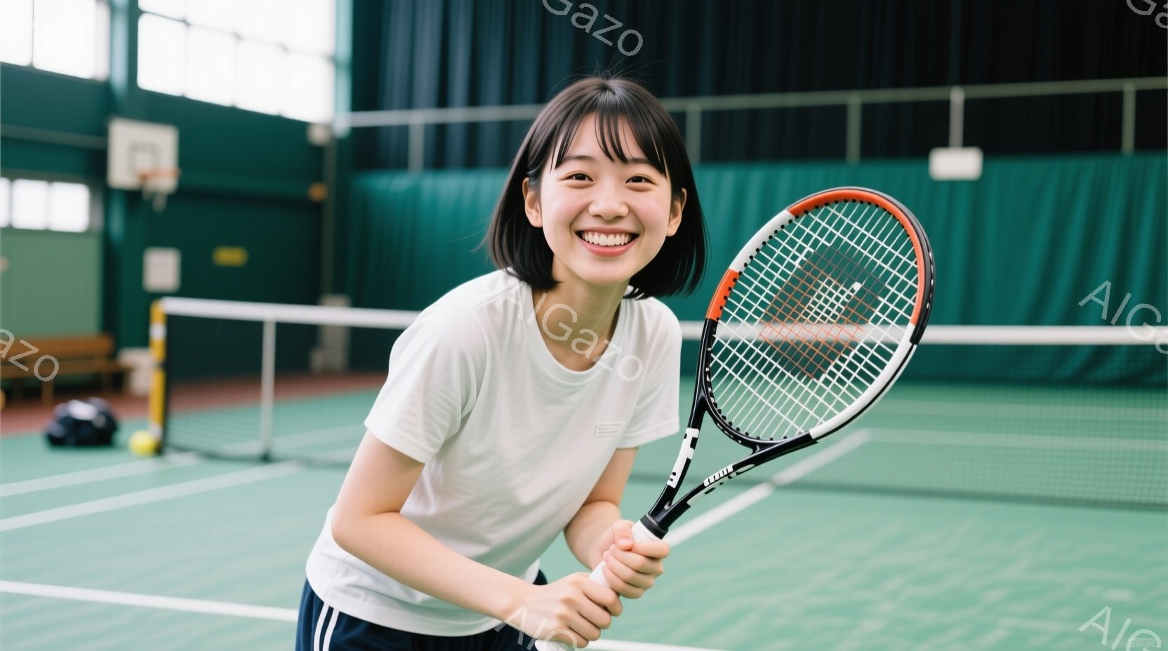 若い女性がテニスコートに立っており、白いTシャツと黒いショートパンツを着用しています。彼女は明るい笑顔を浮かべ、片手にテニスラケットを持っています。背景には緑色の壁とネット、そしてバスケットボールゴー - AI生成フリー素材