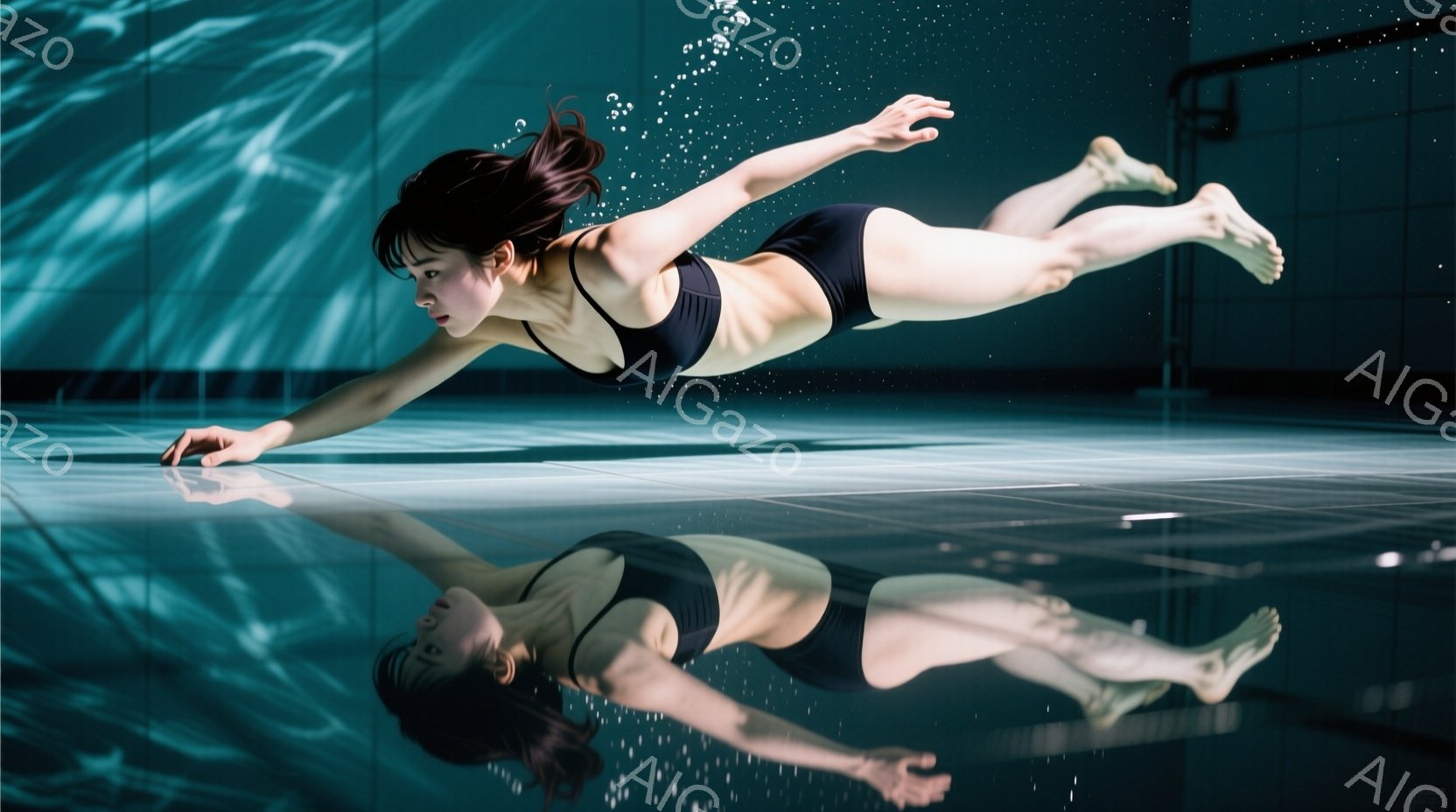 水中で水平に泳いでいる女性が写っている。黒い水着を着用し、濡れた黒髪が水中を漂っている。背景は水中の青い光で、水面には光の反射が散らばり、静かで神秘的な雰囲気を醸し出している。 - AI生成フリー素材