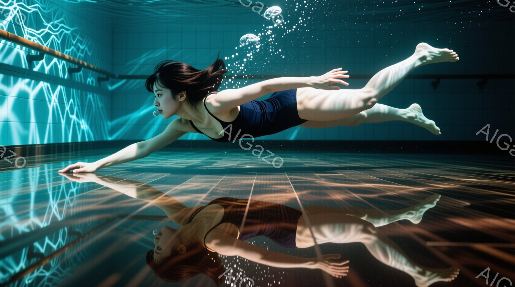 水中の女性は黒い水着を着て、ストロークで泳いでいる。彼女の髪は長く、水中で広がっており、表情はリラックスしているように見える。背景はタイルのプールで、水面からの光が反射して、幻想的な雰囲気を醸し出している。