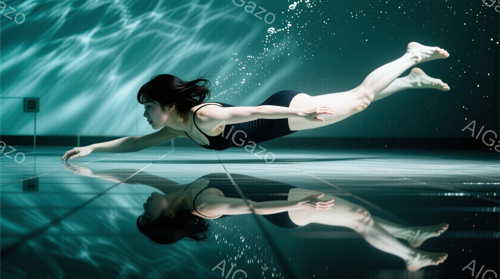 水中で水平に泳ぐ女性が写っている。彼女は黒い水着を着ており、髪は濡れて後ろに広がっている。背景は水中のタイルで、光が差し込み、幻想的な雰囲気を醸し出している。