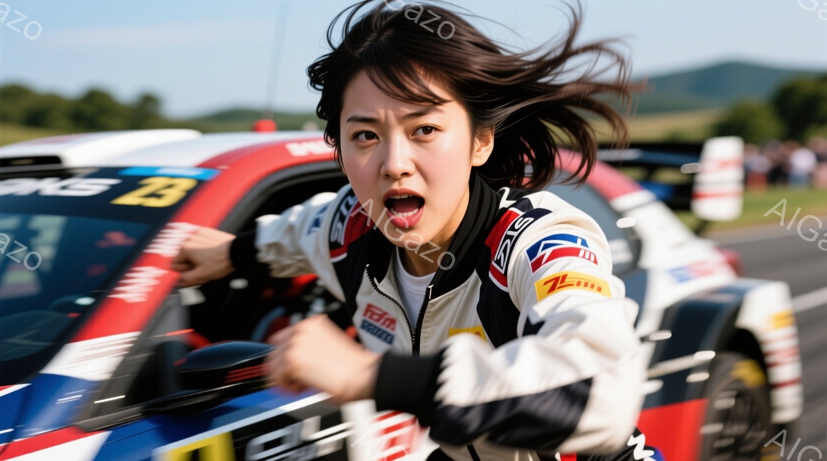 レーシングスーツを着た若い女性が写っており、興奮した表情で何かを叫んでいるようだ。彼女は左手を前に突き出し、髪は風になびいている。背景には、青い空の下、緑の丘とレーストラックが見え、晴れた日のレースイベントの活気ある雰囲気が伝わってくる。