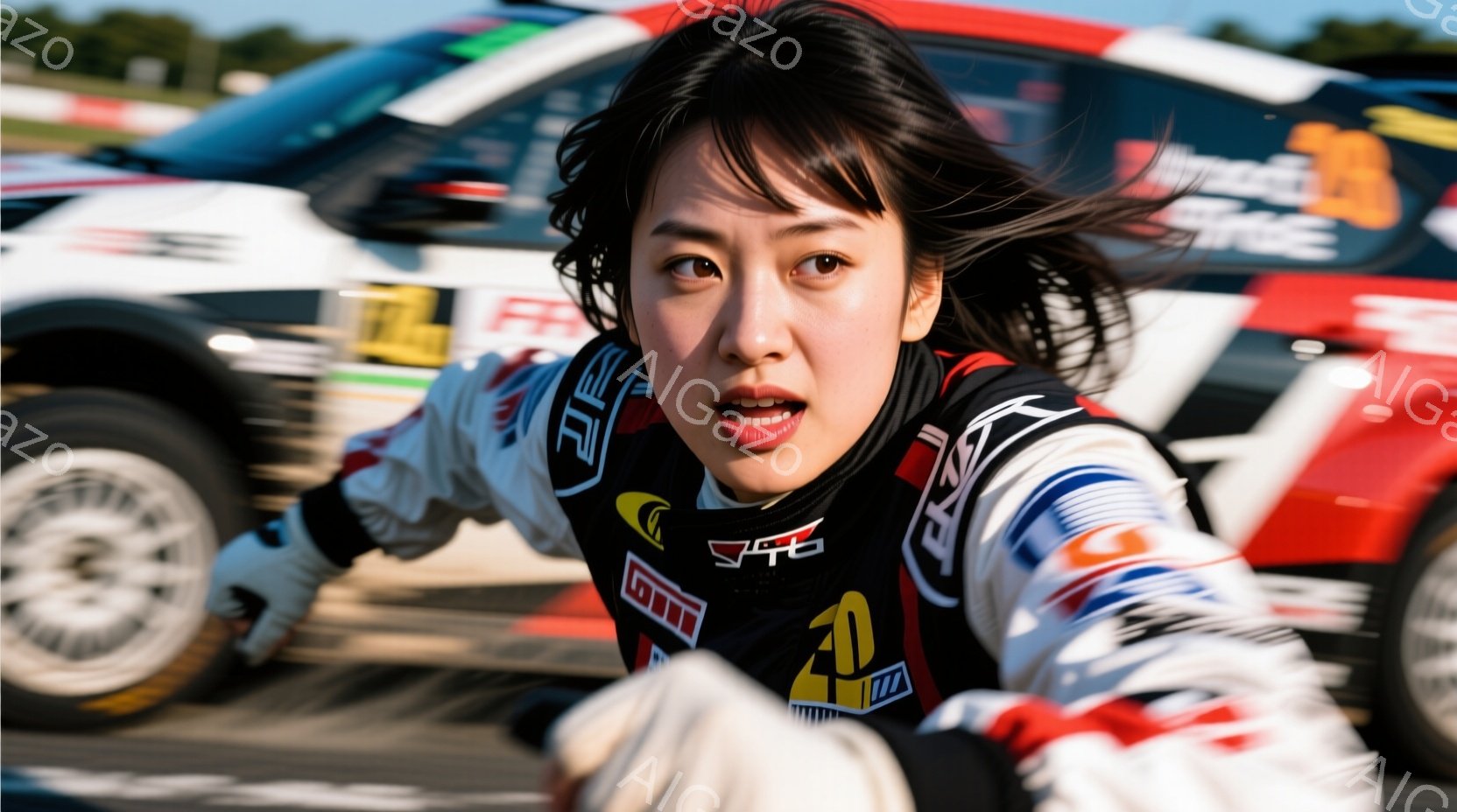 レーシングスーツを着た若い女性が、まるでカメラに向かって突進してくるように見える瞬間を捉えています。彼女は黒髪を風になびかせ、決意に満ちた表情で、強い意志を感じさせます。背景には、ぼやけたレーシングカーやトラックが見え、競技場の活気とスピード感を強調しています。