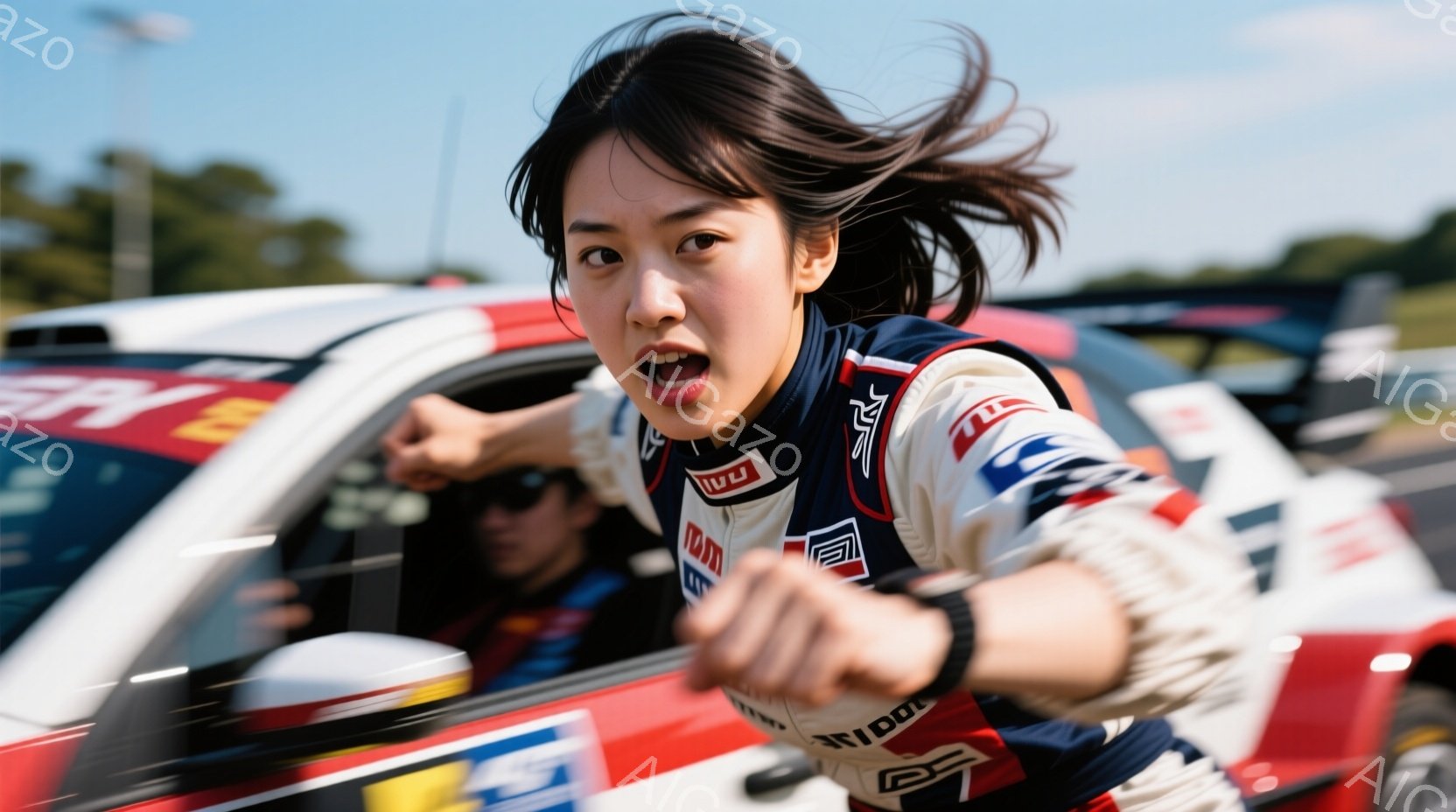 女性はレーシングスーツを着用し、片手を前に突き出し、興奮した表情で叫んでいます。背景には赤いスポーツカーの一部と、車内から見える別の人物がおり、青空と緑の自然が見えます。全体的に、レースの熱狂とスピード感を伝える躍動感あふれる写真です。