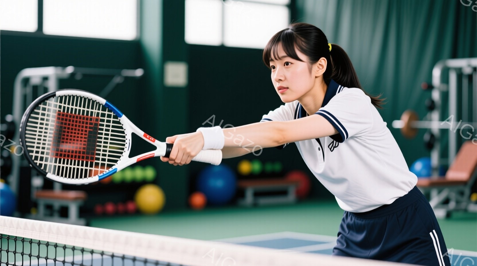 この女性はテニスをしている最中で、白いポロシャツと黒いショートパンツを着用し、髪を後ろでポニーテールにまとめています。彼女はネットの近くでフォアハンドのストロークを準備しており、集中した表情でボールを打ちそうな構えをとっています。背景にはテニスコートのネットと、テニスボールや運動器具が置かれた室内スペースが見え、活気のある練習風景を想像させます。