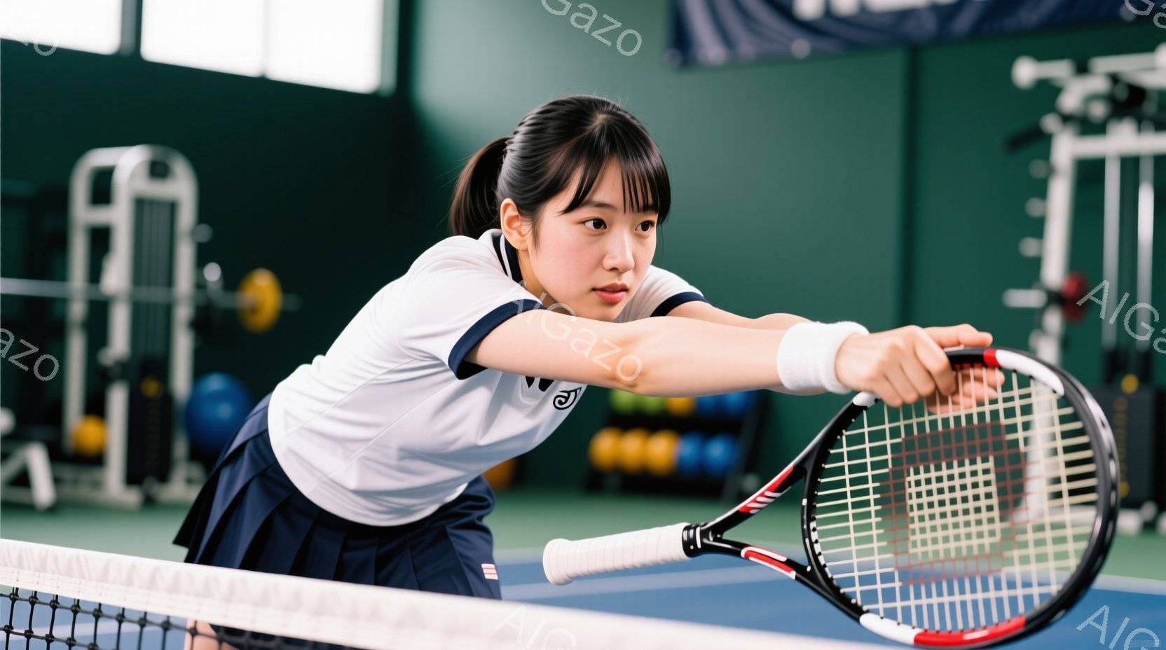 屋内テニスコートでテニスをする若い女性選手を捉えています。彼女は白い襟と青いトリミングのあるテニスウェア、プリーツスカートを着用し、髪はポニーテールに結ばれています。彼女はフォアハンドの準備姿勢でラケットを握り、集中した表情でボールを打とうとしています。